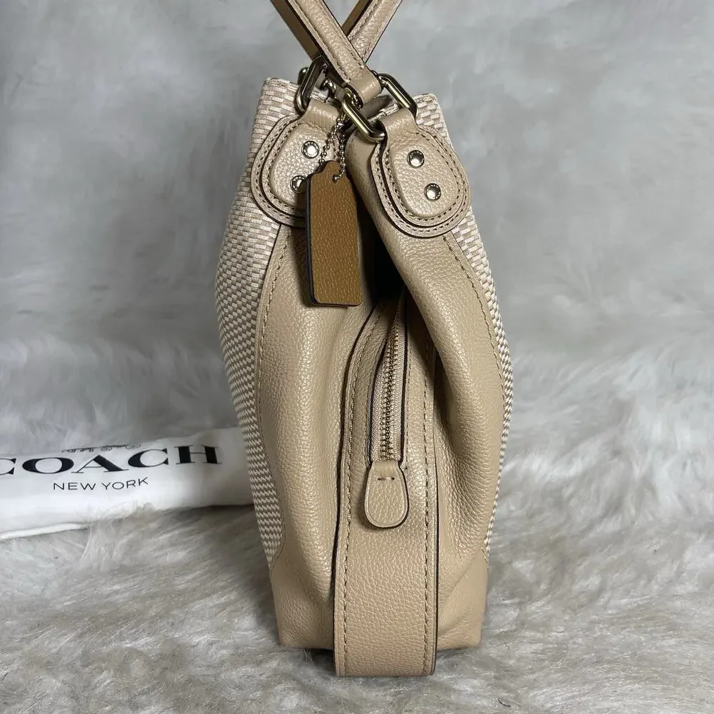 Coach Women’s Beige Woven Pebbled Finish Shoulder Bag, Gold Hardware, Tag